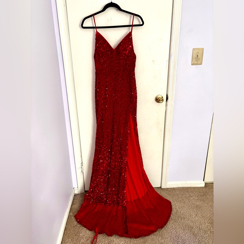 Marsen Spaghetti Straps Sequin Prom Dresses V Neck Mermaid Evening Gown w/ slit